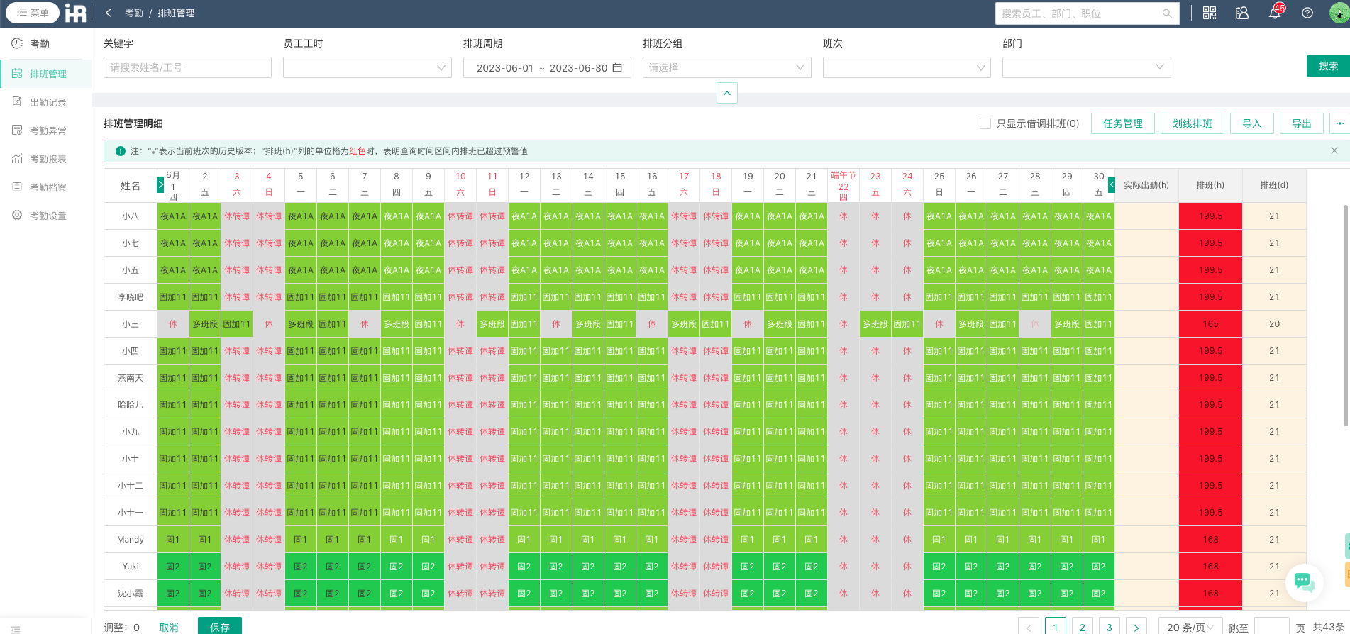 i人事內置了各類排班方案，支持班前制定排班計劃、班中實時調整、班后自動統計工時等功能。